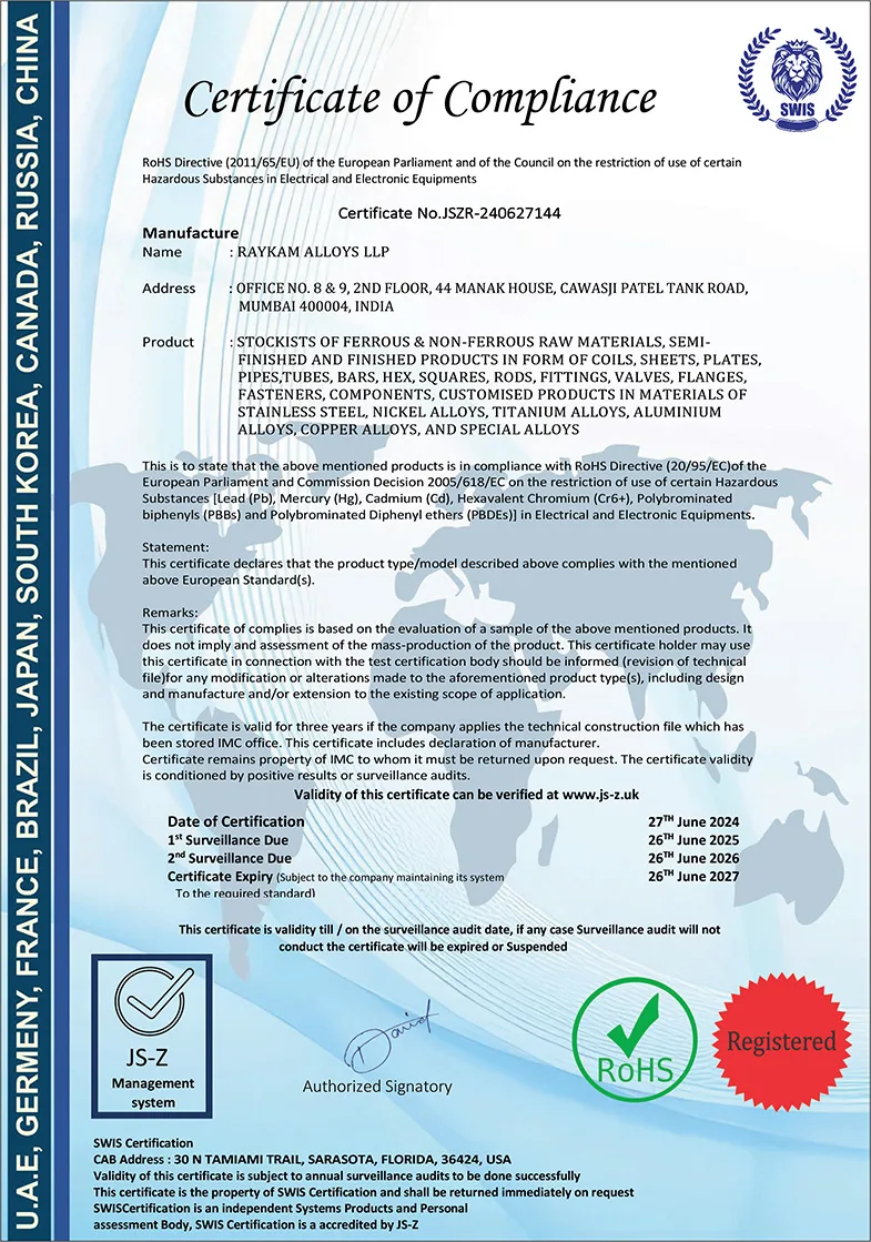 Raykam Alloys LLP ROHS Compliance Certificate